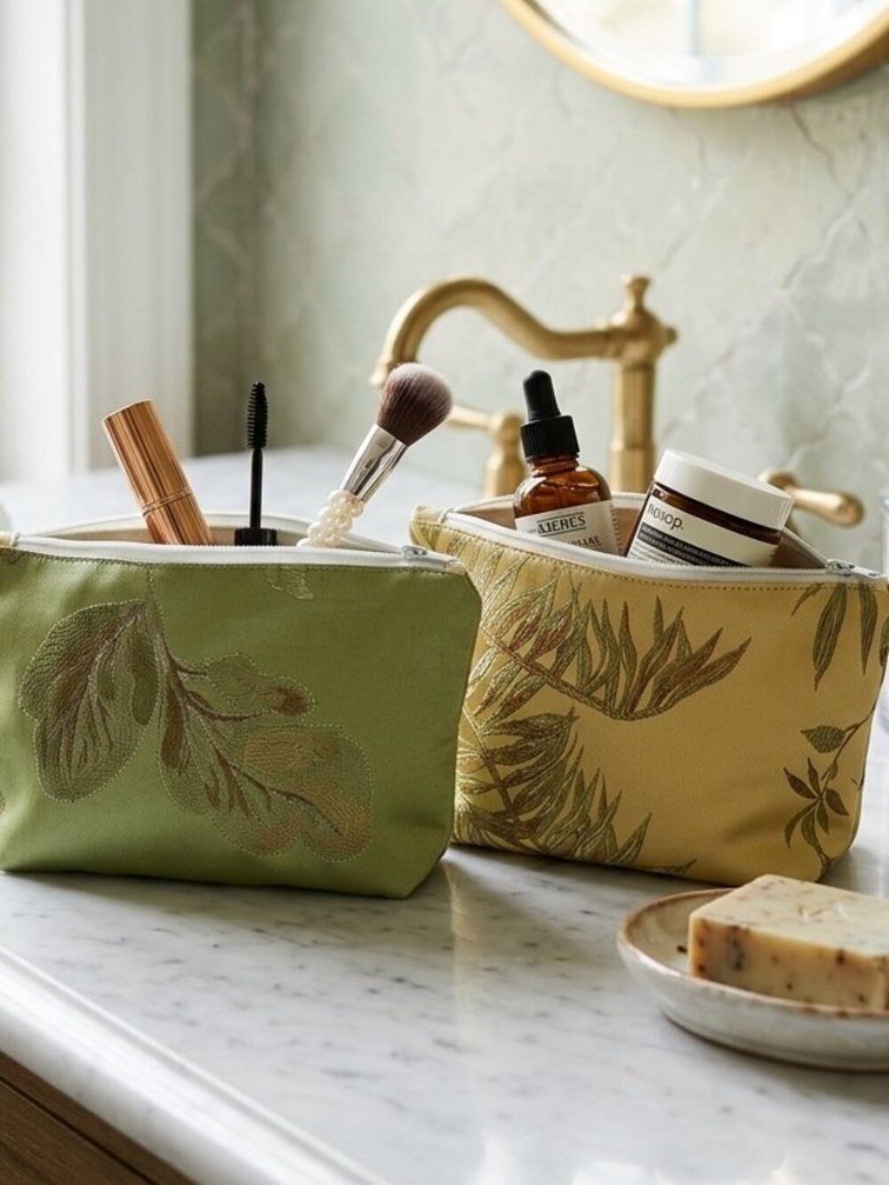 Set of 2 Handmade Fabric Zippered Cosmetic Pouches Travel Small Diaper Bag